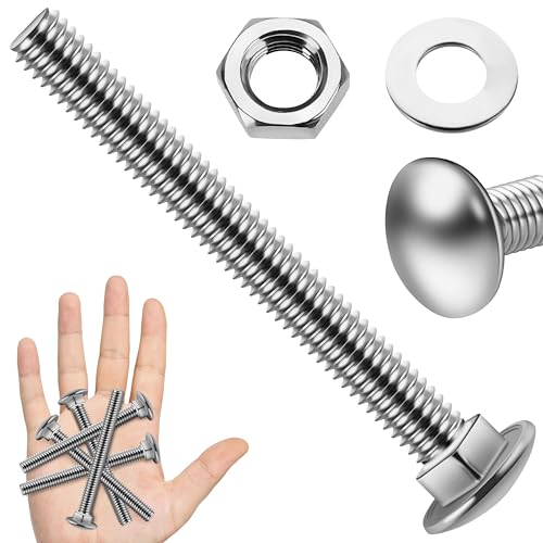 Image of (10 Sets) 5 /16-18 x 3 Carriage Bolts with Nuts and Washers, 304 Stainless Steel Round Head Square Neck 5 /16 Carriage Bolts Screws, Full Thread for Outdoor