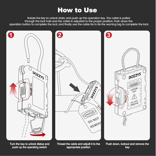 BOZZYS Lockout Tagout Cable Locks with 2 Keys | OSHA Compliant Adjustable 0.16"x78.7" PVC Steel Cable | for Valves & Panels | Nylon PA66 Loto Padlock Keyed Alike(BD-LG81KA-2M) by BOZZYS - Image 4