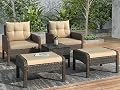 5 Piece Patio Furniture Set, PE Wicker Rattan Conversation Lounge Set, Outdoor Chair and Ottoman Set for Lawn, Pool and Balcony with Glass Table