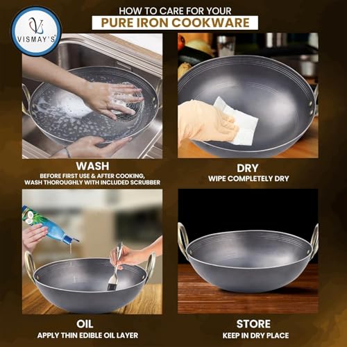 Image of VISMAY'S 9 Inch 600 ML Food Grade Iron Kadhai Wok Frypan Lohe ki Kadai Smooth Edges Riveted Handles Deep Frying, Roasting Metal Spoon Friendly Traditional Indian Cooking Durable Kitchen Cookware