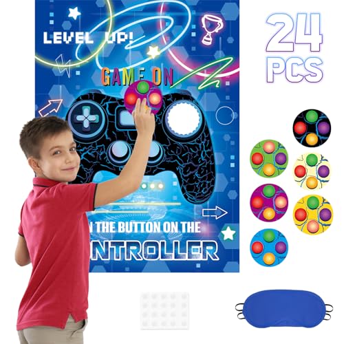 Image of WERNNSAI Pin the Button on the Game Controller Gaming Party Decorations | Video Game Birthday Decorations for Boy Kids,Game On Party Game,28 inch x 21 inch Poster with 24 Stickers and Blindfold