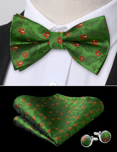 Image of HISDERN Bow Ties for Men Pre-Tied Bow Tie Floral Paisley Handkerchief Classic Formal Bowtie and Pocket Square Cufflinks Set