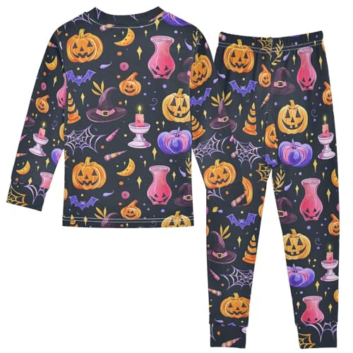 Fustylead Halloween Vibrant Pumpkin Witch Bat Candle Web Cotton Pajama Sets 2 Piece PJ Top and Bottom Nightwear Set2