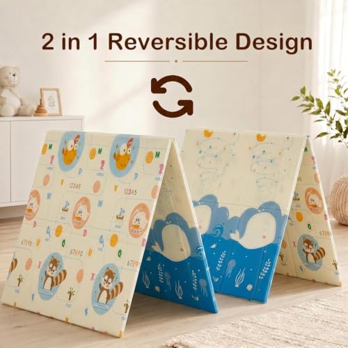 Image of StarAndDaisy Foldable Baby Play Mat 6 x 6.5 ft, 8MM Thick XPE Foam Playmat, Reversible 2-in-1 Design, Lightweight Cushioned Floor Mat for Crawling, Playing & Learning