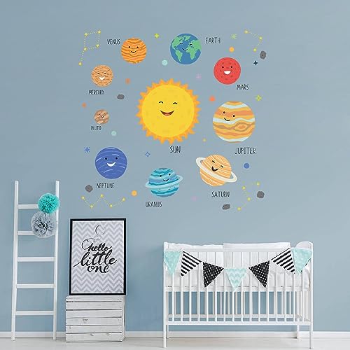 Image of Smiling Solar System Planet Galaxy Kids Room Wall Stickers Educational Learning Wall Decal Fun Character Stickers Kids Play Room Home Decor Nursery Classroom Bedroom-Self-Adhesive