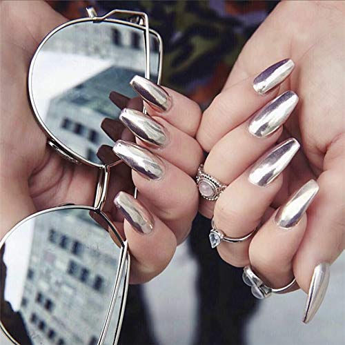 YERTTER 24pcs Metallic Mirror Effect Punk False Nails for Women Ladies and Girls Coffin Full Cover Fingernails Tips Night Club Fake Nails DIY Nail Art (Silver)