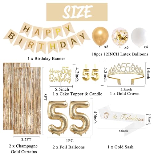 Image of Trgowaul 55th Birthday Decorations for Women, Banner, Sash and Crown, Cake Topper, 55 Number Balloon, Fringe Curtains, Champagne Gold 55th Birthday Party Supplies