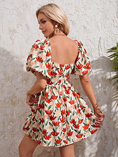 Image of Aahwan Multicolor Solid Boho Bohemian Vacation Floral Flower Print Square Neck Puff Sleeve Elegant Dress for Women's & Girl's