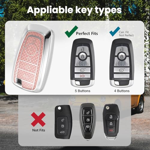Image of Key Fob Cover for Ford, Rhinestone Wristlet Keychain Case, Pink | Wear-resistant TPU shell, non-stretch rhinestone wristlet, daily splash, scratch and drop protection, normal signal use