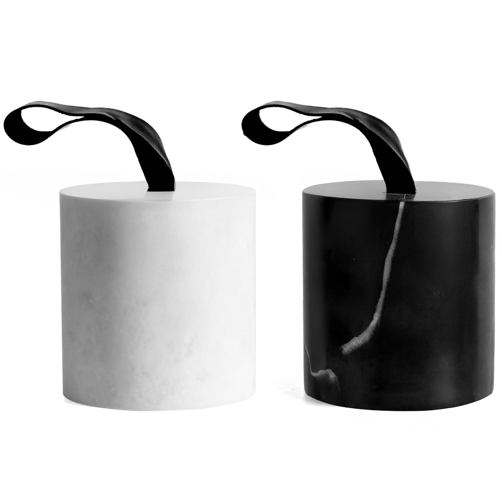 Photo 1 of 2-Pack Marble Door Stop, 3.54” Decorative Door Stoppers with Leather Handle & Non-Slip Felt Base, Natural Stone Weighted Door Holder & Bookend for Bedroom, Bathroom, Office – White and Black Set