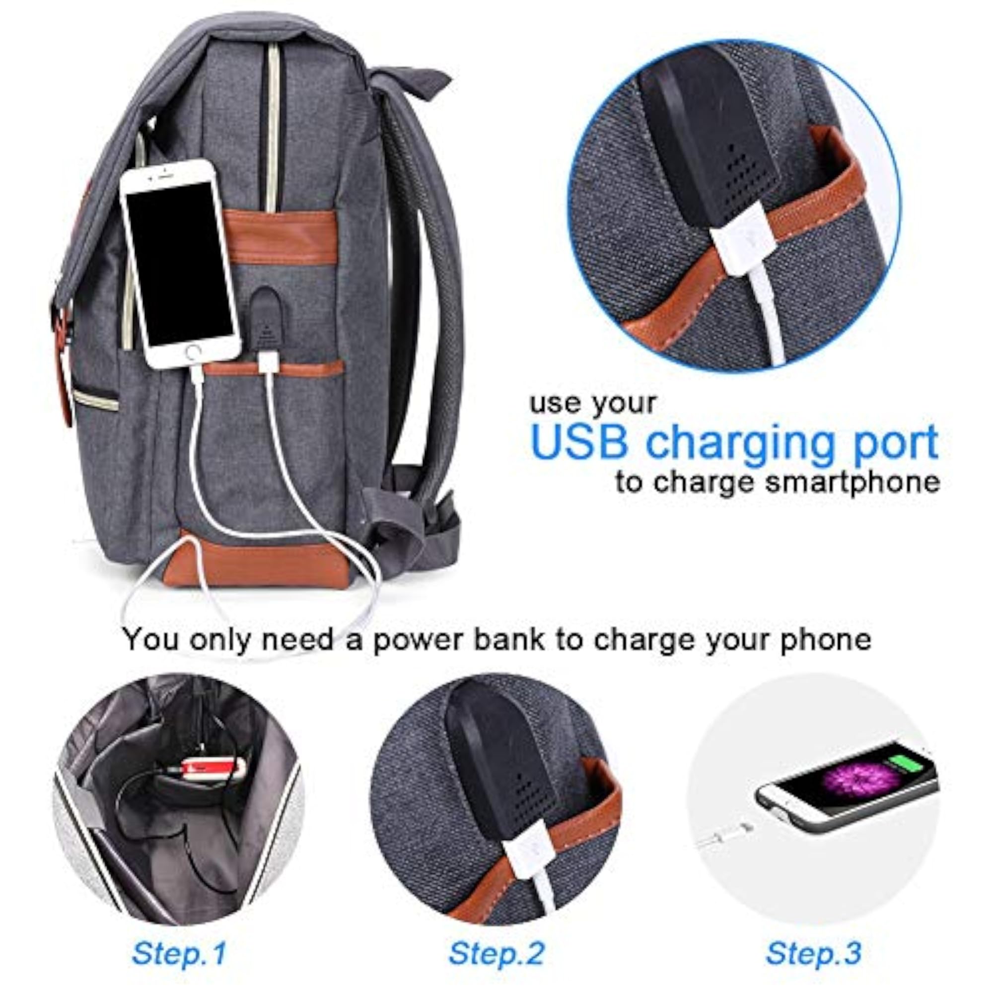 Vintage Laptop Backpack with USB Charging Port, Fits 15-inch Notebook