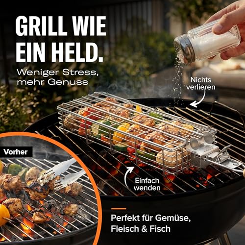 Grillkorb Edelstahl Set mit BBQ Handschuh – Perfekt für Gemüse & Fisch – Grill Zubehör für Gas-, Kohle- & Kugelgrill – Geschenk für Männer, Papa & Grillfans – Helden am Grill