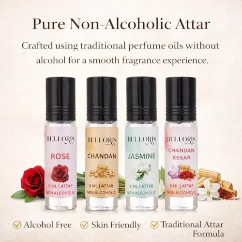 Image of Rose ,Chandan, Jasmine & Chandan Kesar, 4 x 6ml, Attar Gift Set for Men & Women, Non Alcoholi Perfume Oil | Premium Roll On Ittar Fragrance Gift Box Special Occasions Eid, Ramadan, and Umrah Gifts