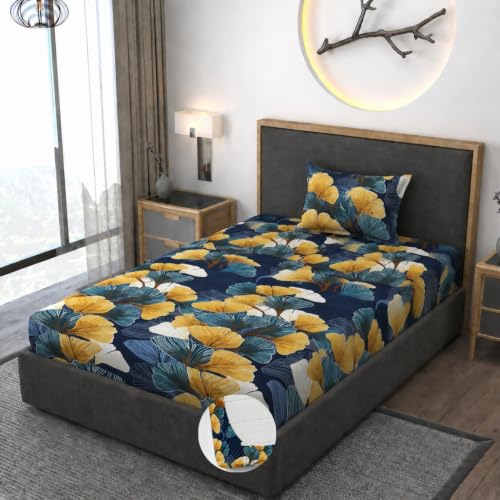 Image of Vaini Premium Heavy Cotton Elastic Fitted Bedsheets with 1 King Size Pillow Covers || Single Bed with All Around Elastic 350 TC || 36 x 78 x 6 Inch Single Size Fitted || :- Green Mushroom