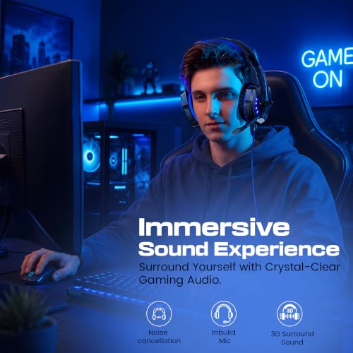Gaming Headset with Noise Isolating Microphone, Stereo Sound, LED Lights, Adjustable Headband, USB Powered & 3.5mm Jack, Compatible with PC, Laptop, PS4, Xbox & Mobile (Black/Blue) — photo 6