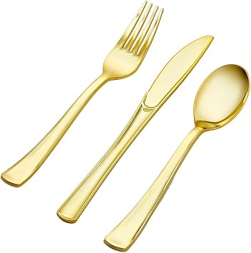 50 Pack Gold Plastic Silverware - 26 Forks, 12 Spoons, 12 Knives - BPA Free - Heavy Duty Cutlery For All Occasions