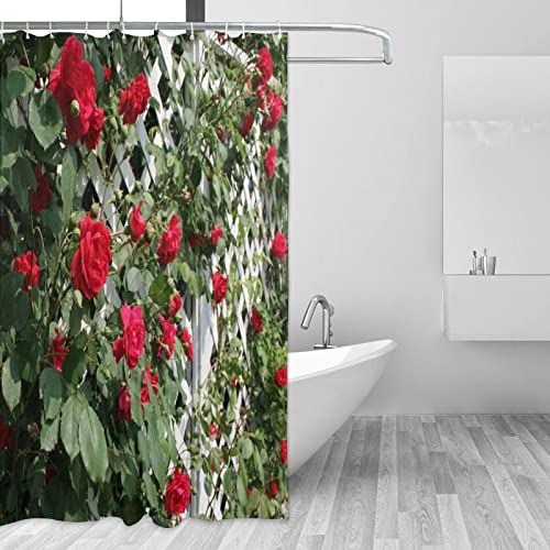 SATOHA Red Rose Flower and Green Leaf Shower Curtain Set including 12 Hooks - Bath Fence Garden Outdoor Scenic Fabric for Bathroom - Image 3