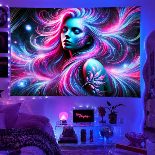 Image of BlissYard Blacklight Tapestry Girl 78x59 Inch Blacklight Cool Girl Art Tapestry for Bedroom Glow In The Dark UV Reactive Black Light Tapestries Posters Wall Hanging Hone Room Party Decor