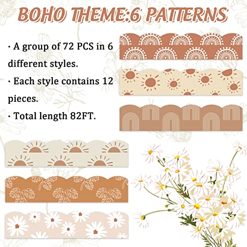 Image of Whaline 82Ft Modern Boho Bulletin Board Borders 6 Designs 72 Pcs Self-Adhesive Retro Floral Daisy Sun Rainbow Trim Border Classroom Decorations for Back to School Office Party Wall Decor