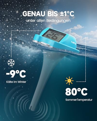 PoolPrime Pool Thermometer mit Doppelbildschirm, leicht ablesbar, Poolthermometer Schwimmend mit digitaler Anzeige, IPX7 wasserdicht für Hot Tubs, Cold Tubs und Schwimmbäder. (Blue)