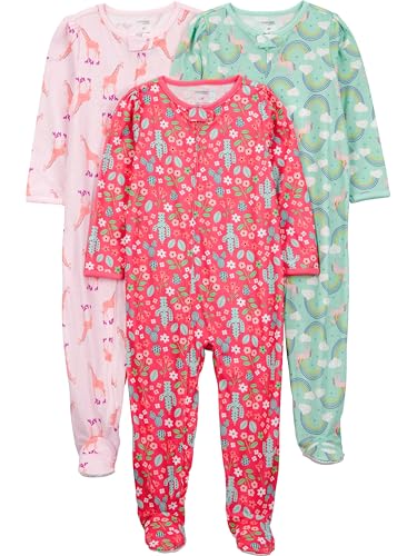 Simple Joys by Carter's Baby Girls' 3-Pack Loose Fit Flame Resistant Polyester Jersey Footed Pajamas, Cactus/Giraffe/Rainbow, 12 Months