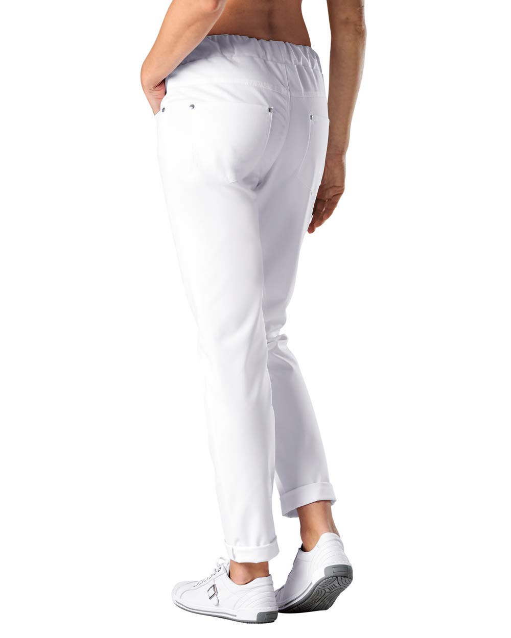 CLINIC DRESS Hose - Damen Weiss. Krankenschwester Stretch Hose 5-Pocket mit Elastikbund und Kordelband, Schrittlänge ca. 80 cm, 95 Grad waschbar