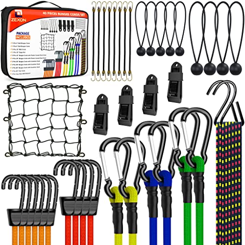Zexon 40 Pack Bungee Cords Heavy Duty Outdoor With Plastic Coated Steel & Carabiner Hooks Assorted In 10", 18", 24", 36", 48", 60" With 80" Flat Cord, 1 Cargo Net Storage Bag, Tarp Clips & Ball Ties #TOP1