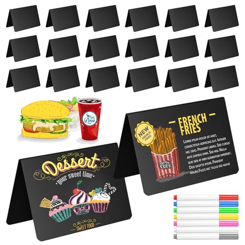 VINATO 20 Pièces PVC Mini Tableau (Forme V) - Mini Ardoises Étiquettes de Prix Double Face avec 7 Marqueurs & 1 Chiffon, Petits Panneaux pour Buffet, Mariage, Fête et Boulangerie