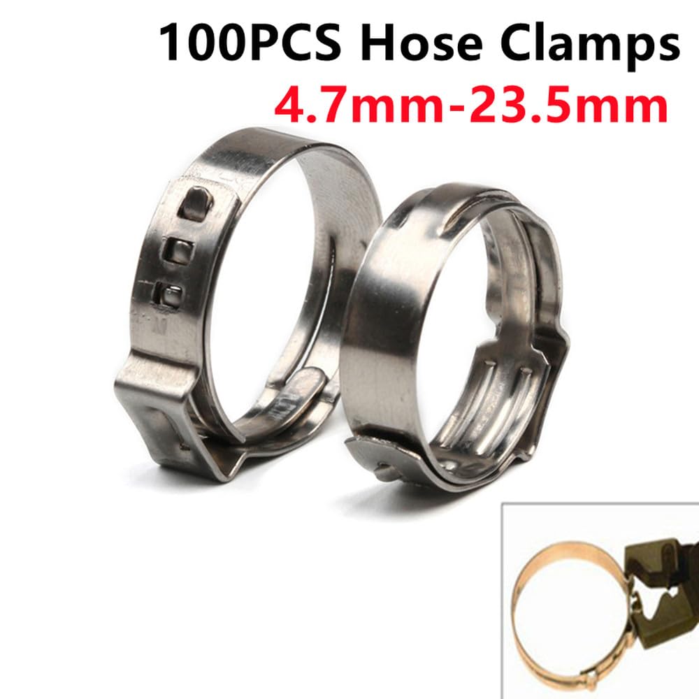Abrazaderas de manguera de una sola oreja de acero inoxidable 304, de 4,7 a 23,5 mm, para sellar todo tipo de mangueras, 100 unidades, 16,0 y 19,2 mm.