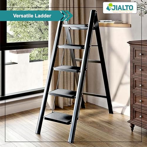 Image of JIALTO 5 Step Metal Ladder for Home, Foldable Lightweight Stepping Stool with Wide Pedals, Anti Slip Heavy Duty 200 Kg Capacity, Portable Ladder for Kitchen, Office, Library (Matte Black)