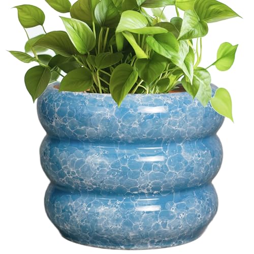SQOWL 8 Inch Plant Pot with Drainage Hole - Ceramic Pot for Plants Outdoor Planter for Indoor Plants Decorative Plant Pot Medium Flower Pot Round Planter for Bathroom House Decor Blue