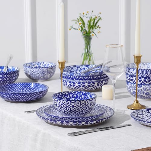 Image of Selamica Ceramic Plates and Bowls Sets,32 Pieces Dinnerware Sets for 8,Scratch Resistant Dish Set for family gathering,Dishwasher & Microwave Safe, Vintage Blue