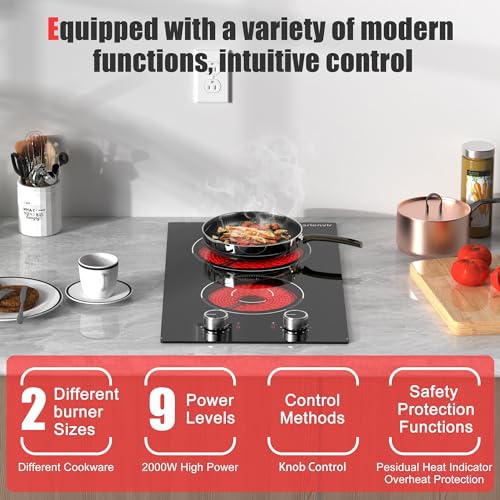 Image of 2 Burner Electric Cooktop 110v Knob Control | 2000W Two Burner Electric Cooktop with Plug, 12 Inch Countertop Stove Top & Built in, estufas electricas de cocina