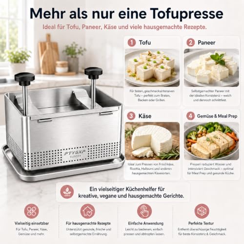Foto von Tofupresse Edelstahl 304, verstellbare Tofu Presse mit Abtropfschale & Käsetuch, BPA-frei, spülmaschinenfest, Käsepresse für Tofu, Paneer, Käse & Gemüse (XL)