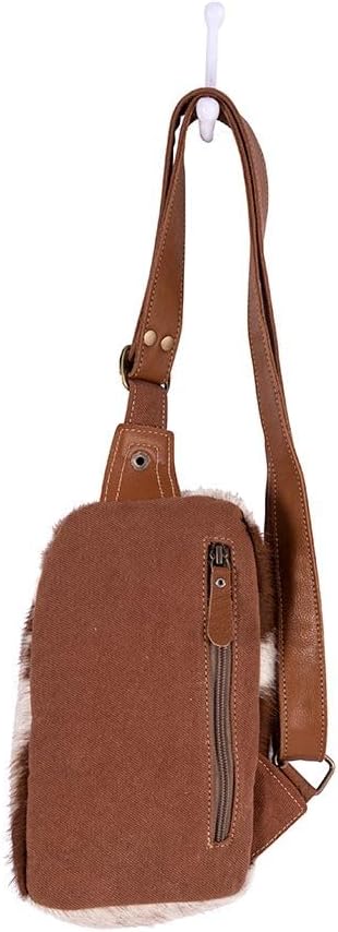 Myra Bag Sling Bag for Women - Western Upcycled Canvas Hairon Leather Crossbody - Caramel & White