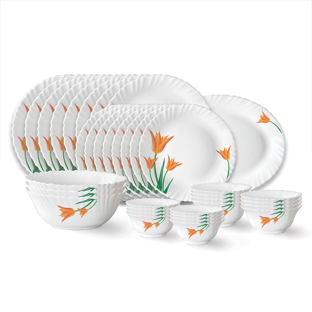 Larah by Borosil Firefly Fluted Series Opalware Dinner Set | 36 Pieces for Family of 8 | Microwave & Dishwasher Safe | Bone-Ash Free | Crockery Set for Dining & Gifting | Plates & Bowls | White