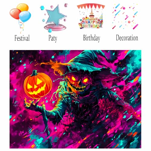 Image of Nuxovilar Spooky Scarecrow Wall Tapestry Polyester 59.05x39.37 In | Glow Poster Trippy Art Horror Decor UV Backdrop Living Room Bedroom Lounge Space Room (Flaming Pumpkin Scene)