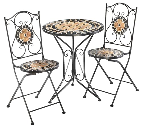Kobolo Tischgruppe Mosaik | 3-teilig | schwarzer Metalltisch mit Keramikmosaik & 2 passenden Klappstühlen | stilvolles Bistro-Set für Garten Balkon Terrasse | Gartenmöbelset im mediterranen Look