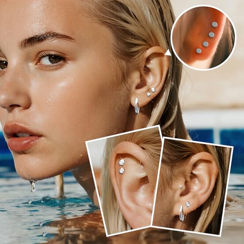 6 pair 14K Gold Filled Earrings Set for Women,Hypoallergenic Huggie Hoop Earrings Stacks Dainty Threadless Flat Back Stud Earrings for Multiple Piercing,Cartilage Trendy Earrings Jewelry Gifts CZ 2-4mm2