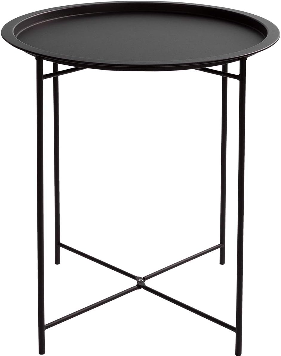 HollyHOME Folding Tray Metal Side Table, Sofa Table Small Round End Tables, Anti-Rust and Waterproof Outdoor or Indoor Snack Table, Accent Coffee Table,（H） 20.28" x（D） 18.11", Frosted Black