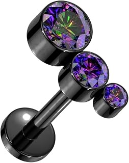 16GA G23 Implant Grade Titanium Descending Bezel Set Triple CZ Crystal Curved Internally Threaded Stud