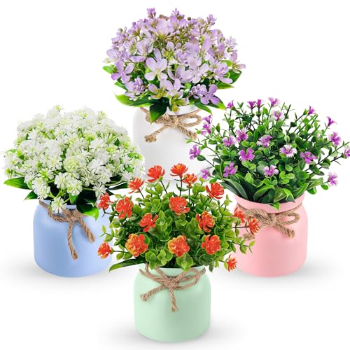 Der Rose 4 Pack Fake Flowers Small Artificial Faux Plants Indoor Summer Spring Decor for Centerpiece Table Decorations Home Office Desk Wedding Apartment Decor