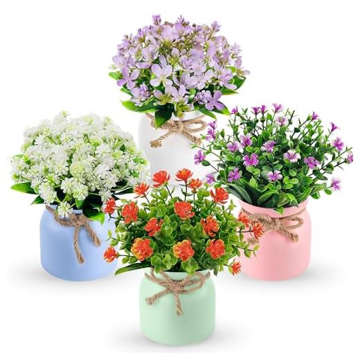 Der Rose 4 Pack Fake Flowers Small Artificial Faux Plants Indoor Summer Spring Decor for Centerpiece Table Decorations Home Office Desk Wedding Apartment Decor
