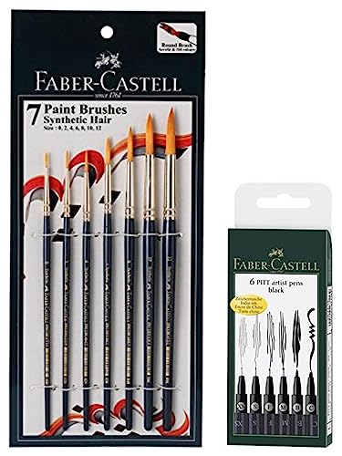 Image of Faber-Castell Pitt Artist Pen Set Of 6 Pitt Pens Black (XS,S,F,M,B,C) Paint Brush Set - Round, Pack of 7 (Navy Blue)