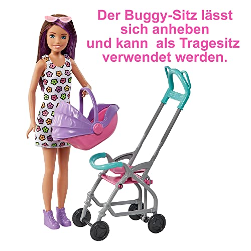 Barbie Skipper Babysitter Inc, Skipper mit braunen und lila Haaren, Baby, Kinderwagen, Babytrage, Zubehör, insgesamt 2 Puppen, Geschenk für Kinder, Spielzeug ab 3 Jahre,GXT34