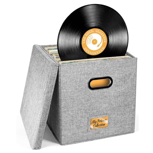 Boîte rangement disques vinyles empilable avec couvercle en tissu lin pour maison