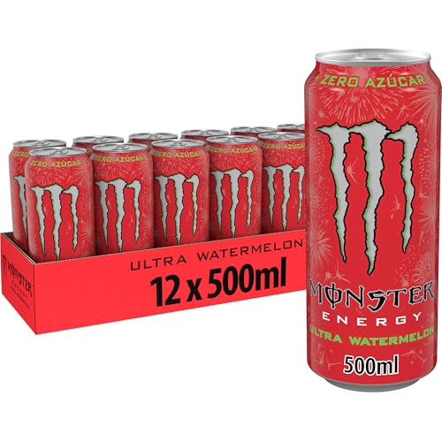 Monster Energy Ultra Watermelon, Bebida Energética Sin Azúcar- Pack 12 latas de 500 ml