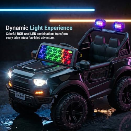 Image of Baybee RoverX Battery Operated Jeep for Kids with Parental Control | Baby Ride On Electric Car with RGB Lights, Music & Swing Mode | Rechargeable Battery Car for Kids 2 to 6 Years Boys, Girls (Black)