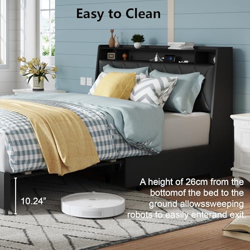 Black Full Bed Frame with Headboard, Metal Platform Bed Full Size with 2-Tier Bookshelf Storage, and 4 Storage Drawers & Charging Station Type C, Leather Fabric No Box Spring Needed (Black, Full)