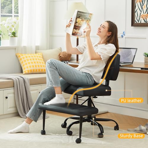Image of Criss Cross Legged Office Chair with Wheels,Swivel Meditation Chair for ADHD,Ergonomic Cross Legged Desk Chair with Thicken Adjustable Footstool,PU Sitting Fidgeting Kneeling Chair for Home Yoga Black
